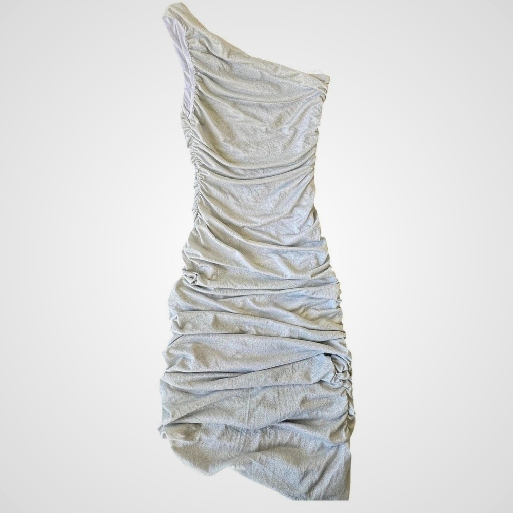 Gentlewarm One Shoulder Dress Silver Ruched Metallic Glam Party M